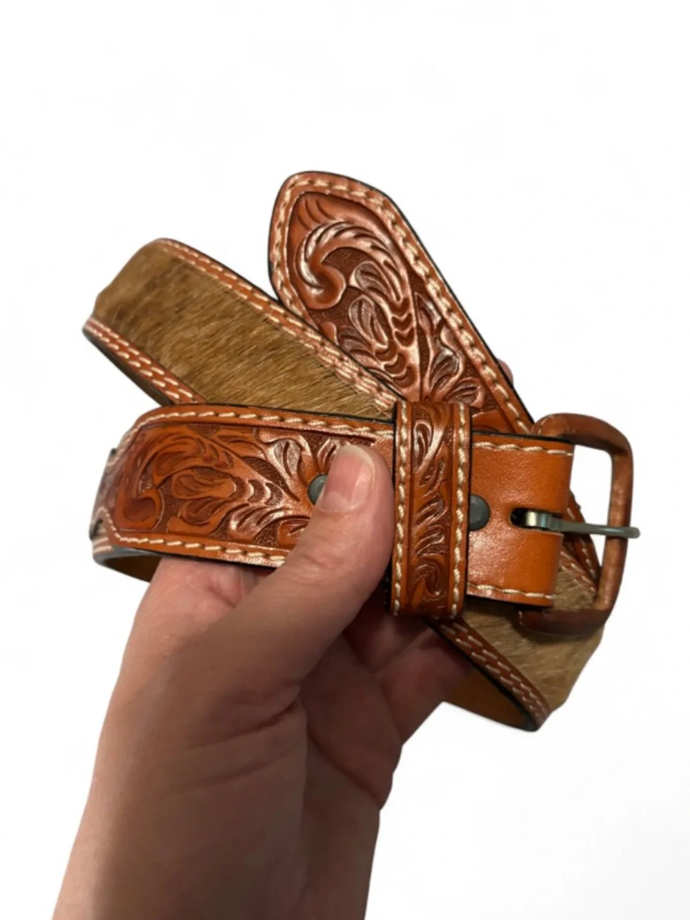 3-D Belt Company Western Hand Tooled Leather and Calf Hair/Fur Trim Belt SIZE 38